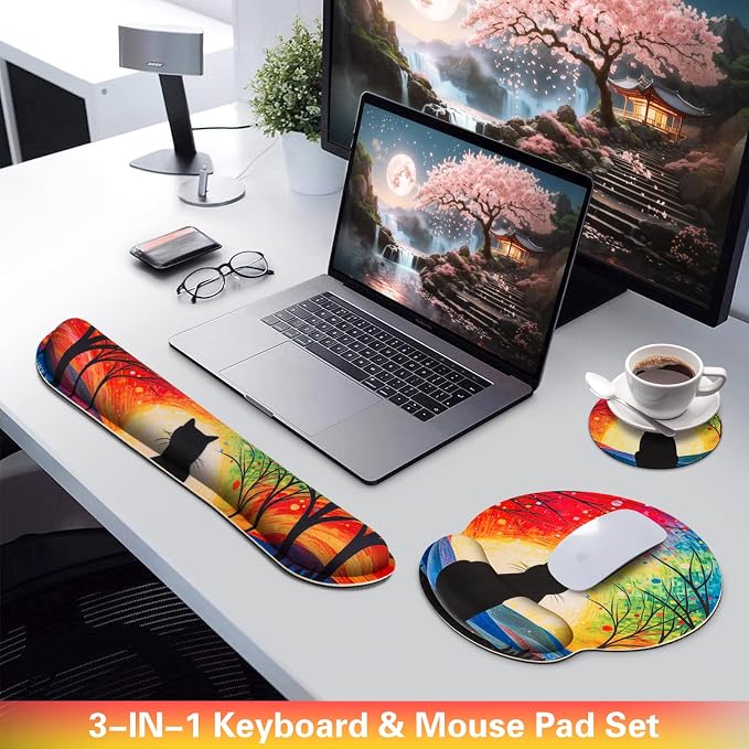 3-in-1 Mouse Pad with Wrist Rest Cute Black Cat Set - Image 2
