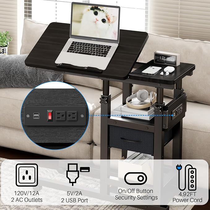 DAPOTUG Adjustable Overbed Bedside Table with Wheels, Charging Station - Image 4