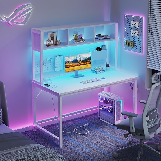 White Gaming Desk with Hutch and Pegboard - Computer Desk with Hutch, Power Outlet, 47 Inch Art Desk with Storage, Hooks, RGB and Side Bag, Writing Modern Study Teen Desks for Girl Bedroom Home Office - Image 4