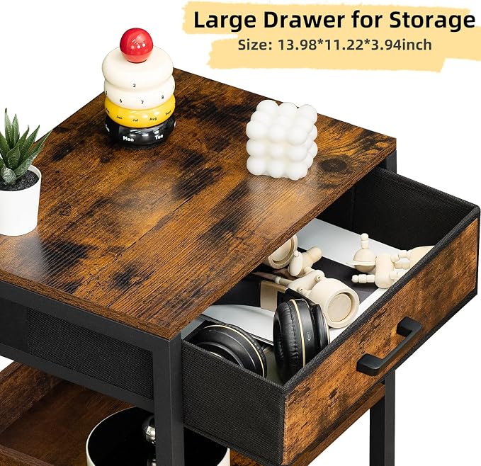 Lerliuo End Table with Fabric Drawer,3 Tier Industrial Wood Side Table with Storage,Modern Tall Printer Stand,Vintage Brown Nightstand,Rustic Bedside Tables for Living Room Bedroom Small Spaces - Image 6