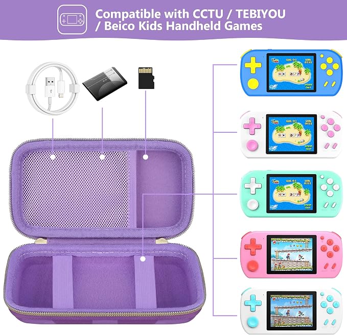 Supmay Carrying Case Compatible with CCTU / TEBIYOU Kids Handheld Games Preloaded 218 Retro Video Games, Portable Gaming Electronic Toys Storage Holder Travel Bag with Mesh Pocket, Purple(Cube) - Image 2