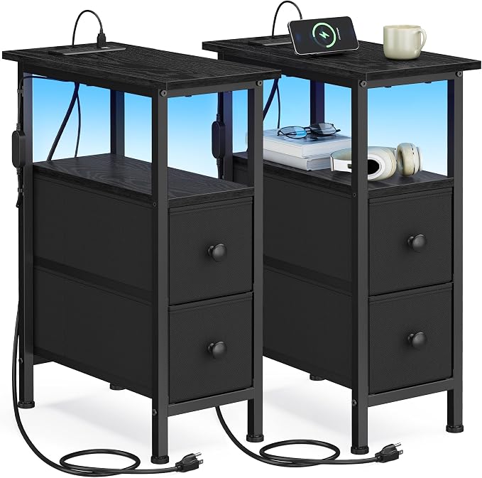 SONGMICS Side Table with LED Light, Narrow End Table with 2 Fabric Drawers by Unknown