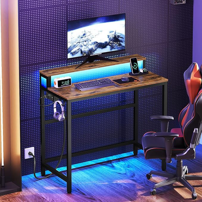 YATINEY Small Computer Desk with Charging Station and LED Lights, Gaming Desk with Monitor Stand, 2-Tier Home Office Desk with 4 Side Hooks, for Living Room, Home Office, Rustic Brown DN01UDBRY2 - Image 4