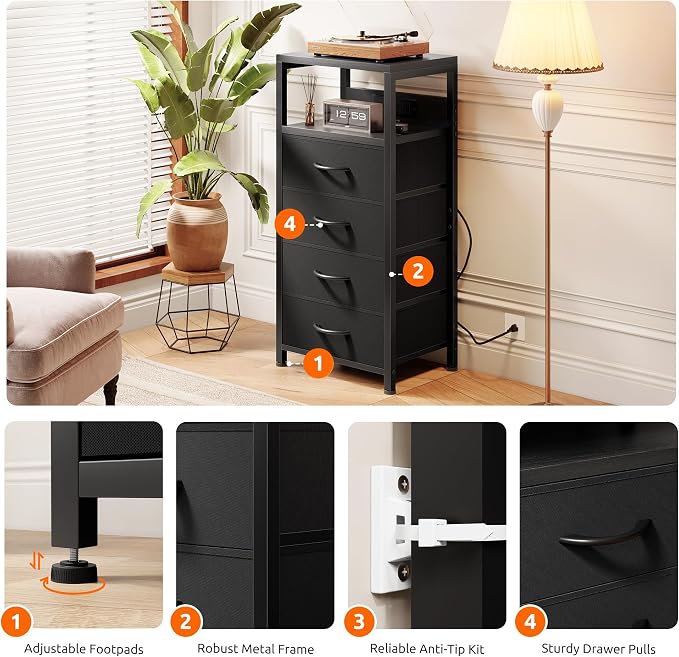 Lazzanto Night Stand with Charger Station, 4 Fabric Drawers, Black - Image 6