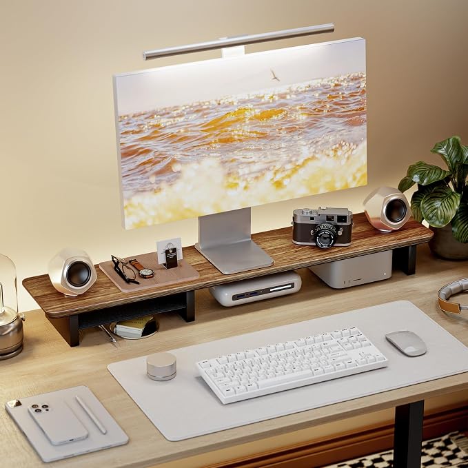 PEGZONE 46" Dual Monitor Riser, Metal Shelf Wooden Desk Organizer | Walnut Wooden Desk Shelf for 2 Monitors/TV,Monitor Stand Riser for Desk, Wood Monitor Stand Organizer for Home Office by Pegzone
