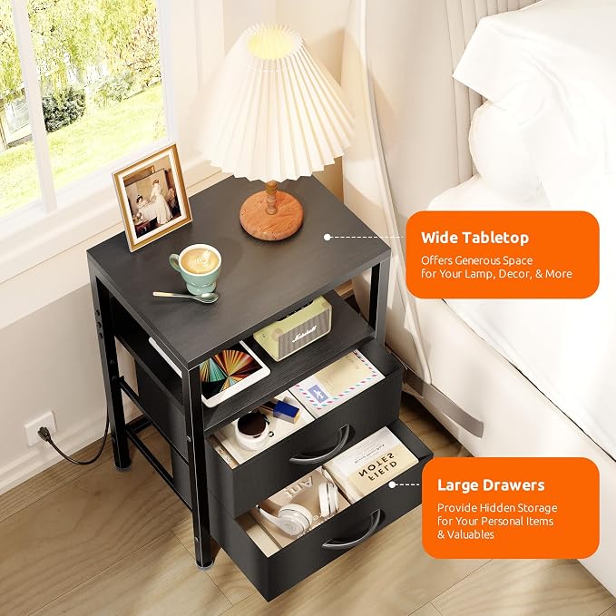 Lazzanto Night Stand with Charger Station for Bedroom, Black Nightstand - Image 5
