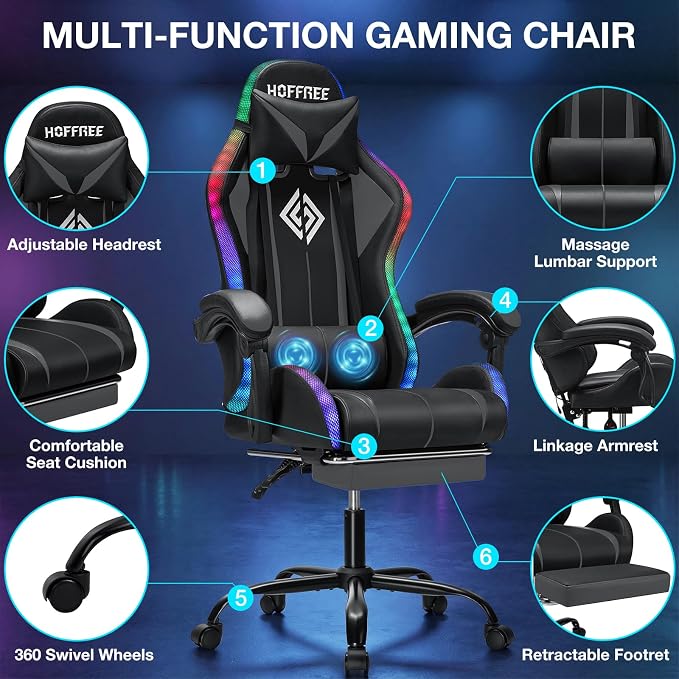 RGB Gaming Chair with LED Lights Massage Ergonomic Computer Chairs-Grey | High Back Video Game Chair with Footrest & Adjustable Lumbar Support Gamer Chairs for Adults Racing Style Recline - Image 9
