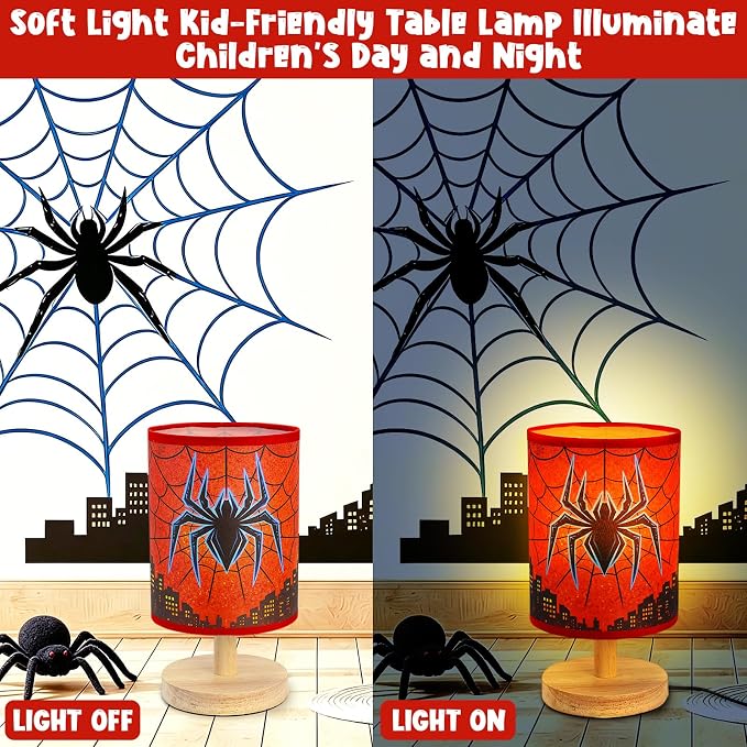 Spider Table Lamp for Boys - Spider Night Light & Bedroom Bedside Lamp with Linen Lampshade and Wooden Stand, Cartoon Nursery Lamp for Desk, Home Decor - Image 6