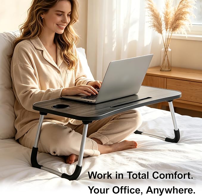 Foldable Laptop Bed Desk for Laptop, 23 Inch Portable Ergonomic Lap Desk with Cup Holder, Bed Tray Table Fits Up to 17" Laptops, for Work from Home, Gaming, Writing, Eating (White) - Image 3