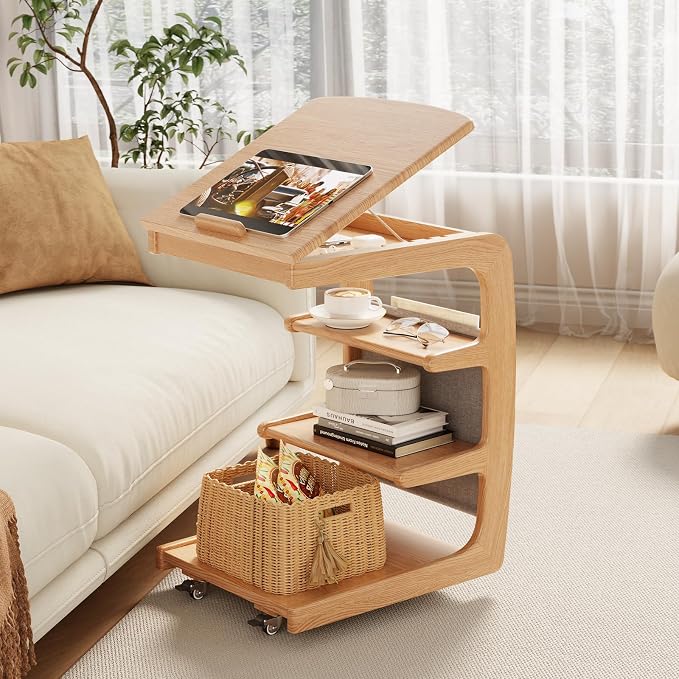 AQIMUELE Wooden C-Shaped End Table,Couch Desk with 2 Lockable Wheels,4-Tier Couch Table with Storage Bag,Small Rolling Side Table Tv Trays for Couch, Living Room,Bedroom (Natural) by AQIMUELE