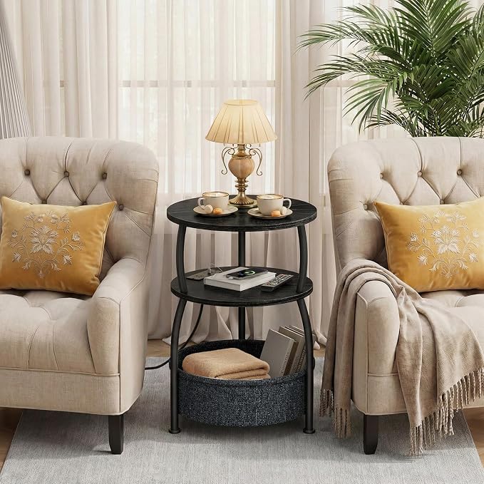 Round Side Table with Charging Station, USB Type C Port, Black - Image 7