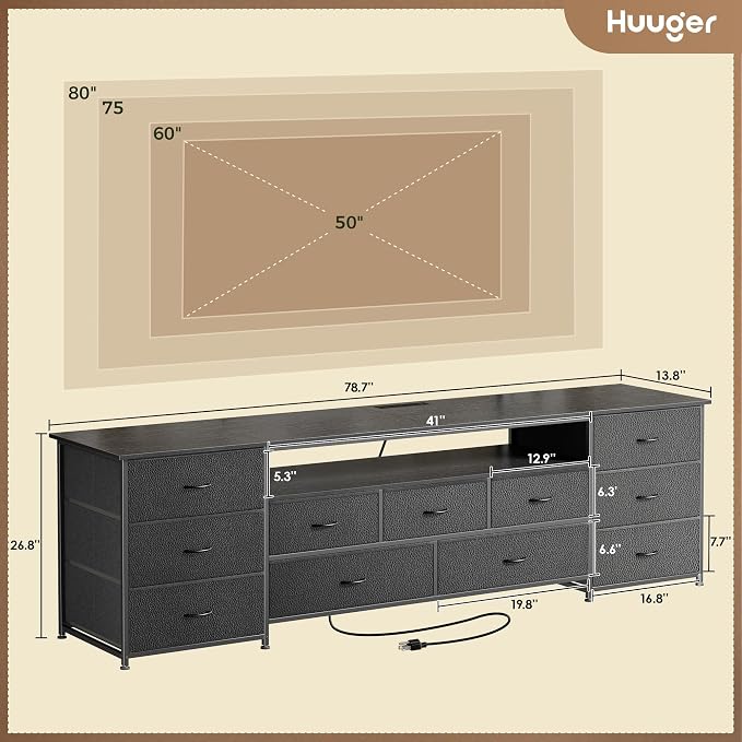 Huuger 78.7 Inch TV Stand for 75, 80 Inch TV, 11 Drawer Long Dresser with Power Outlets and LED Lights, Entertainment Center with Storage, Black Dresser with PU Leather Surface - Image 3