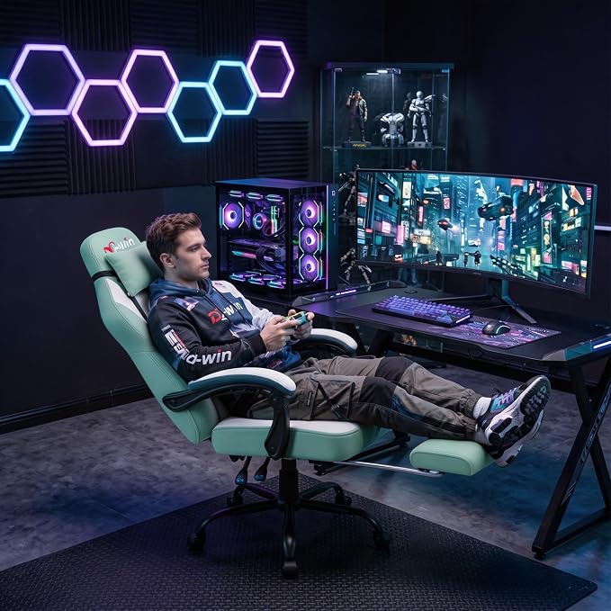 Shintenchi Big and Tall Gaming Chair Fabric Pocket Spring Cushion,High Back Recliner with Footrest and Headrest for Adults, Massage Lumbar Support for Home Office, Ergonomic Computer Desk Chair, Green - Image 2
