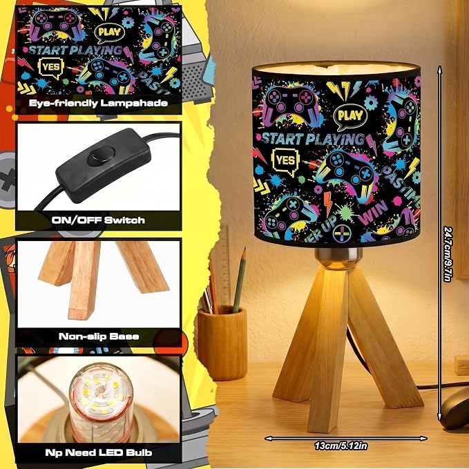 Glooglitter Video Game Table Lamp with Wood Triangular Stand 3 Colors Dimmable Lights 9.72 x 5.12 Inch Video Game Bedroom Room Decor Bedside Lamps Night Light for Desk Birthday Gifts - Image 3