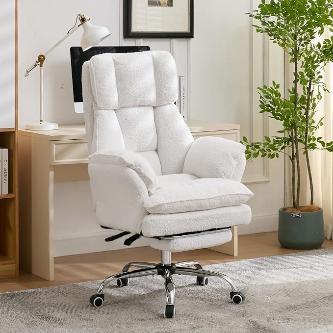 JOMEED Cloud Cross Legged Office Chair with Footrest,Flip Armrest,White | Ergonomic Teddy Big and Tall Executive Chair with Wheels,155° Reclining Computer Wide Desk Chair for Home,Office - Image 2