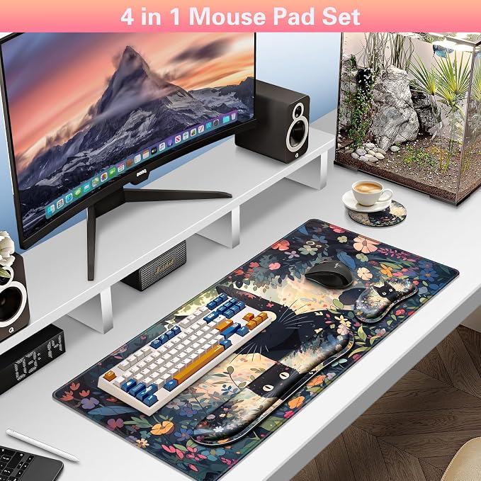 Canjoy Desk Mat with Wrist Rest, Desk Pad for Keyboard and Mouse 4-in-1 Kawaii Anime Mouse Pad + Keyboard Wrist Rest Support+ Coaster(35.4×15.7 in) Memory Foam Non-Slip Desk Mat for Home Office - Image 2