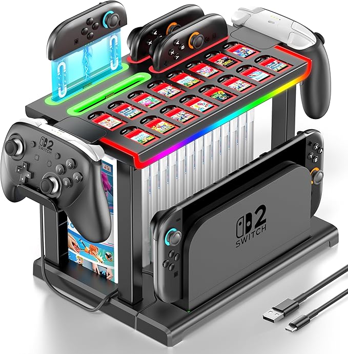 Switch 2 RGB Organizer Station with Controller Charging Dock, Switch 2 Storage Stand, Joycon 2 Charger, Gaming Accessories Holds TV Dock, 16 Game Cases, 16 Game Cards and 2 Pro Controllers by Kytok