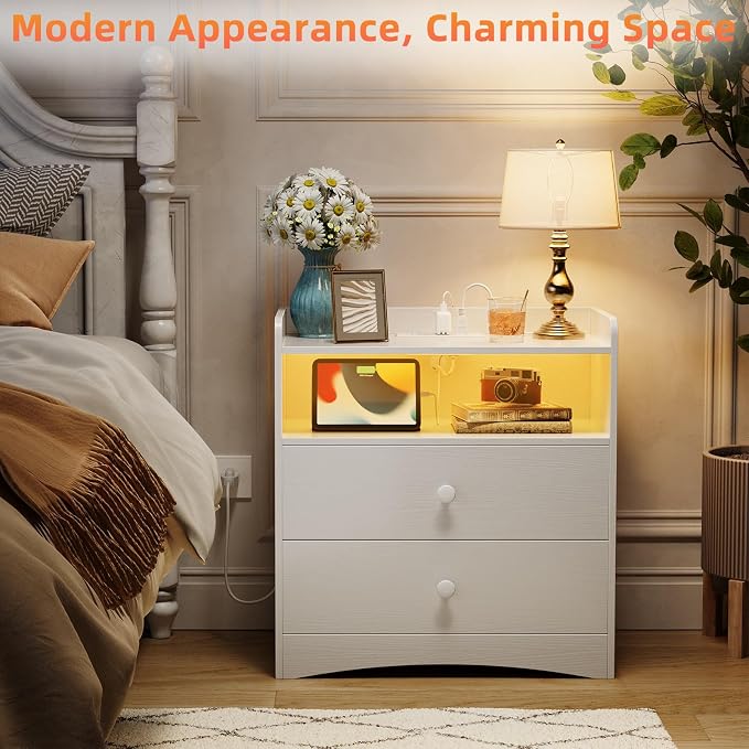 Memobarco Nightstand with Charging Station and LED Light, White - Image 5