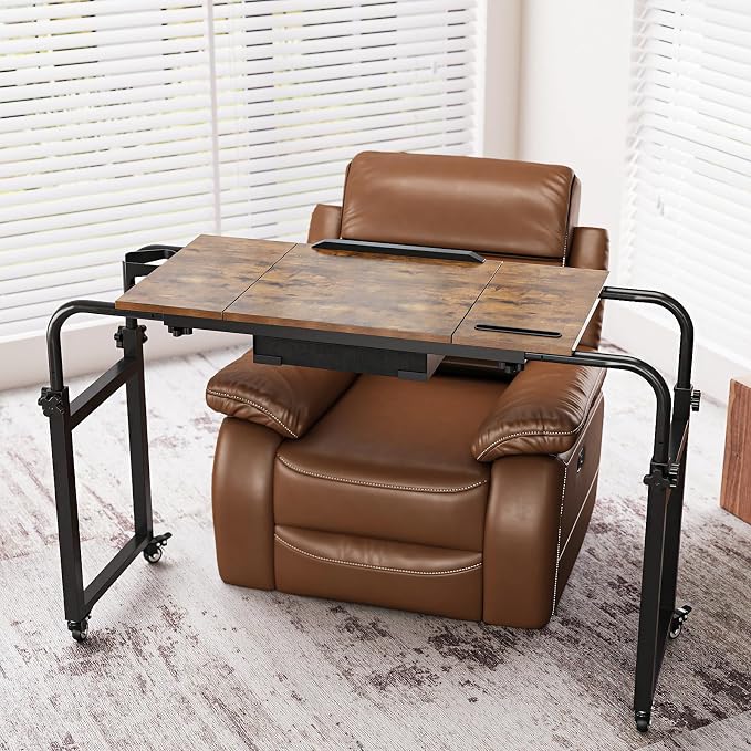 GiftGo Overbed Table with Wheels Rolling Laptop Desk Cart Table for Recliner Over Chair Adjustable for Hospital and Home Use Over The Bed Table with Storage Drawer and Cup Holder (Rustic Brown) - Image 2