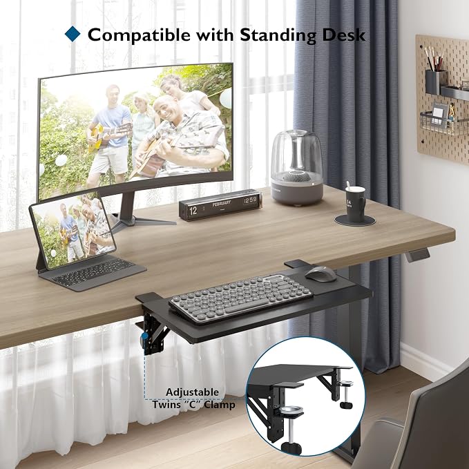 BONTEC Small Ergonomics Desk Extender Tray, 20x9.5 Inch Table Mount Arm Rest Shelf, 90° Foldable Keyboard Tray Platform, Clamp on Computer Arm Rest for Desk, Suitable for Office Desks, Black | 90° Foldable Keyboard Tray Platform, Table Mount Arm Rest S... - Image 6