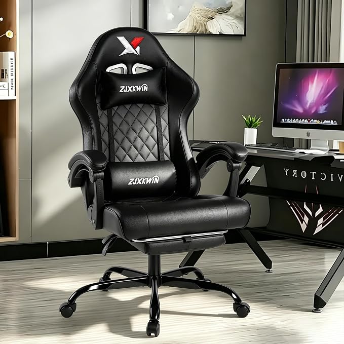 Gaming Chair for Adults with Pocket Spring Cushion, Ergonomic High Back Computer Chair with Footrest and Lumbar Support, Adjustable Height 360° Swivel Recliner, Black - Image 2