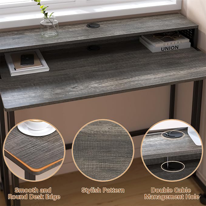 Gezen 31.5" Folding Desk with Storage Shelf, Small Rolling Desk, Dark Grey - Image 8