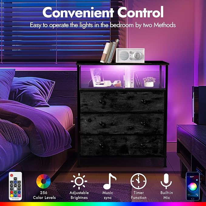 3-Drawer LED Nightstand Set 2 with Charging Station, Black - Image 5