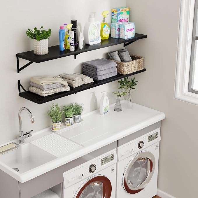 Axeman Floating Shelves for Wall Black- 55 Inch Wide x 12 Inch Deep Wall Shelves Set of 2 - Black Deep Wood Floating Shelves for Living Room Bedroom Laundry Room - Image 2