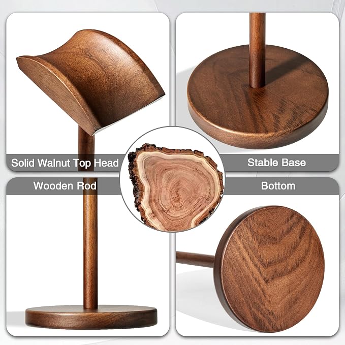 Walnut Wood Headphone Stand for Desk, Heavy Duty Wooden Headset Stand, Wide Compatibility Gaming Headset Hanger Holder, Stylish Desk Accessories for Home & Office - Image 4