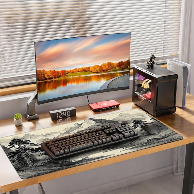 35.4 x 15.7 Inches Chinese Ink Painting Mountain Landscape Gaming Mouse Pad, XXLExtended Desk Mat with Non-Slip Rubber Base - Image 7