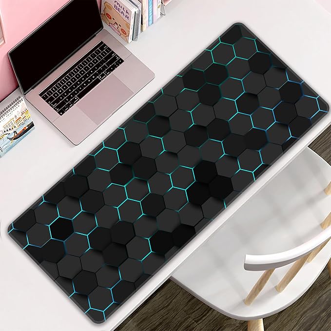 Blue Hexagon Honeycomb Desk Mat, XXL 35.4"x15.7" Large Mouse Pad, Geometric Extended Gaming Mouse Mat,Non-Slip Rubber Base Waterproof with Stitched Edges for Gaming Office Home Decor - Image 8