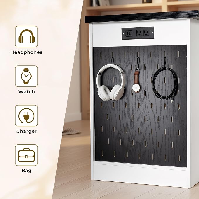 55" Fluted Gaming Desk Pegboard Cabinet Drawers Outlet, White | Home Office | Bedroom Living Room Teen Desk | Nail Tech Manicure | Vanity Hutch | Bookcase Corner - Image 7