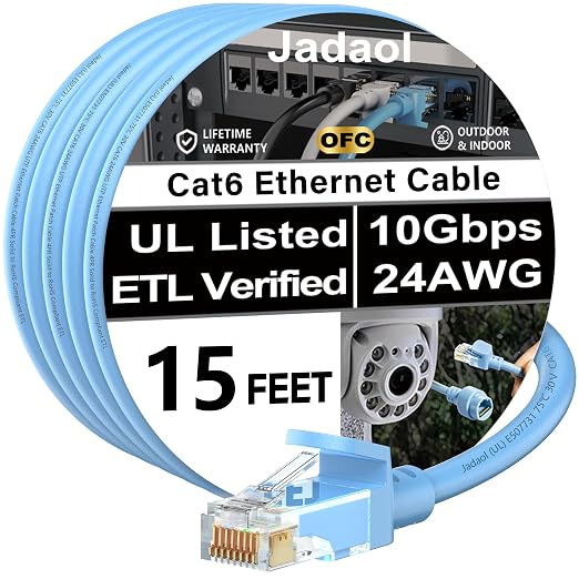 Jadaol [UL Listed Cat6 Ethernet Cable 15FT 10Gbps 24AWG Pure Copper, Blue by Jadaol