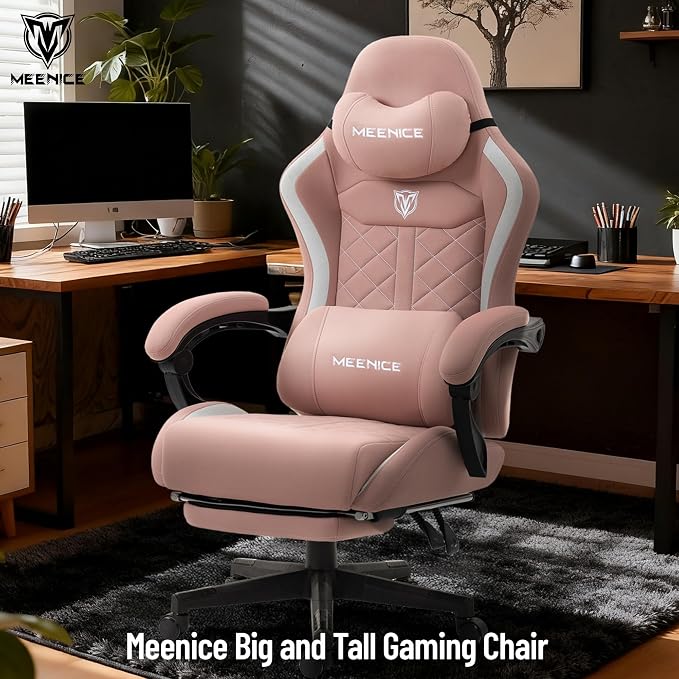 Big and Tall Gaming Chair Fabric with Footrest, Massage Lumbar for Adults | Ergonomic High Back Gamer Chair with Pocket Spring Cusion, Wide Video Game Chair Comfy for Big Guys 400LBS Home Office Pink - Image 3