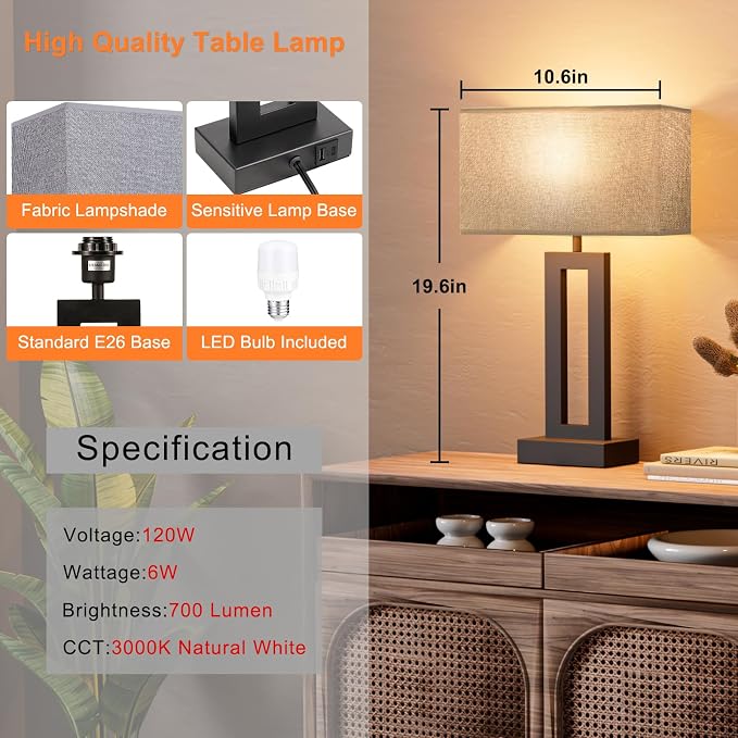 Seealle Nightstand Table Lamps for Bedrooms Set of 2 - Touch Bedside Lamp with USB C+A, 3 Way Dimmable Living Room End Tables 2, Modern Night Stand Bed Side Guest Room(Grey) B. Grey - Image 6