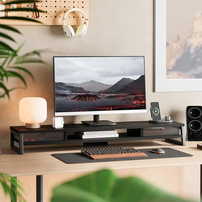 Fenge Dual Monitor Stand Riser, 42.5in Desk Shelf with 2 Drawers, Black | 2-Tier Monitor Shelf for Desk, Storage Drawer with Stopper, Frosted, fit Home Office, Ultrawide Screen, PC, Laptop, TV - Image 2