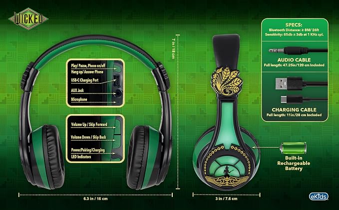 Wicked Elphaba Bluetooth Headphones for Kids, Wireless Headphones for School, Home, or Travel (Wicked Elphaba) - Image 6