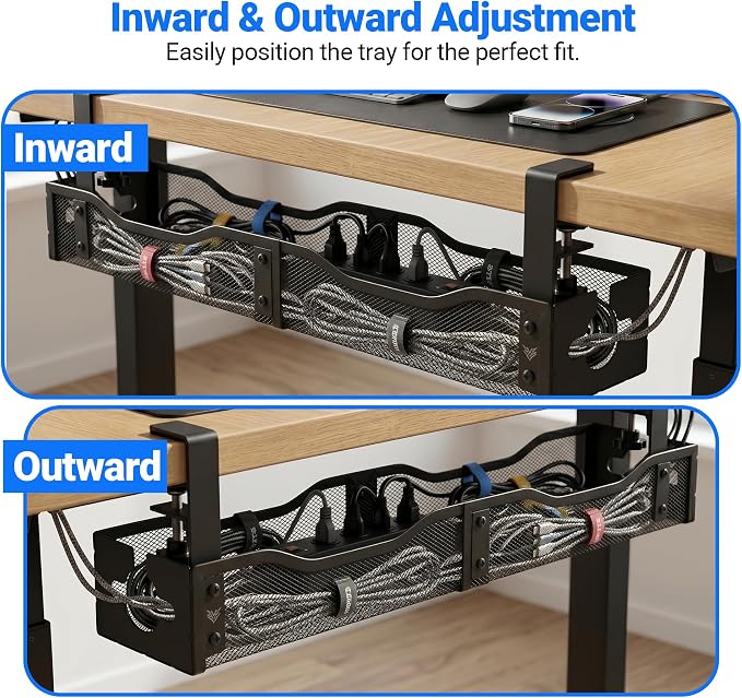 Cable Management Tray Under Desk - 25" No Drill Cord Management Under Desk with Clamp, Metal Desk Cable Organizer & Wire Management Tray for Standing Desk, Home Office Cord Organizer, Black - Image 7