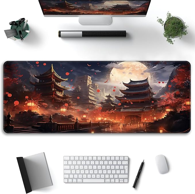 Japanese Desk Mat, XL 31.5"x11.8" Large Mouse Pad, Full Moon Extended Gaming Mouse Mat,Non-Slip Rubber Base Waterproof with Stitched Edges for Gaming Office Home Decor - Image 2