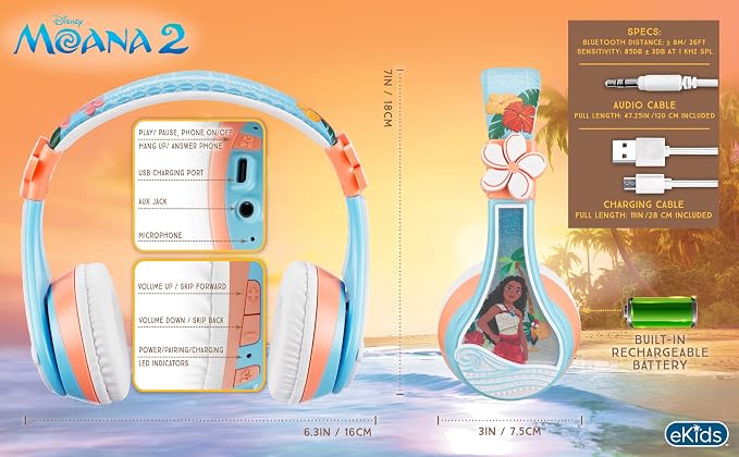 Disney Moana 2 Bluetooth Headphones for Kids Wireless Headphones for School - Image 4