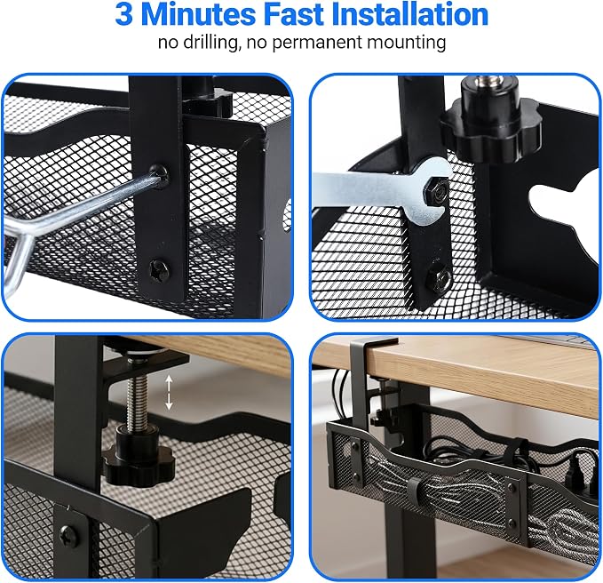 Cable Management Tray Under Desk - 25" No Drill Cord Management Under Desk with Clamp, Metal Desk Cable Organizer & Wire Management Tray for Standing Desk, Home Office Cord Organizer, Black - Image 2