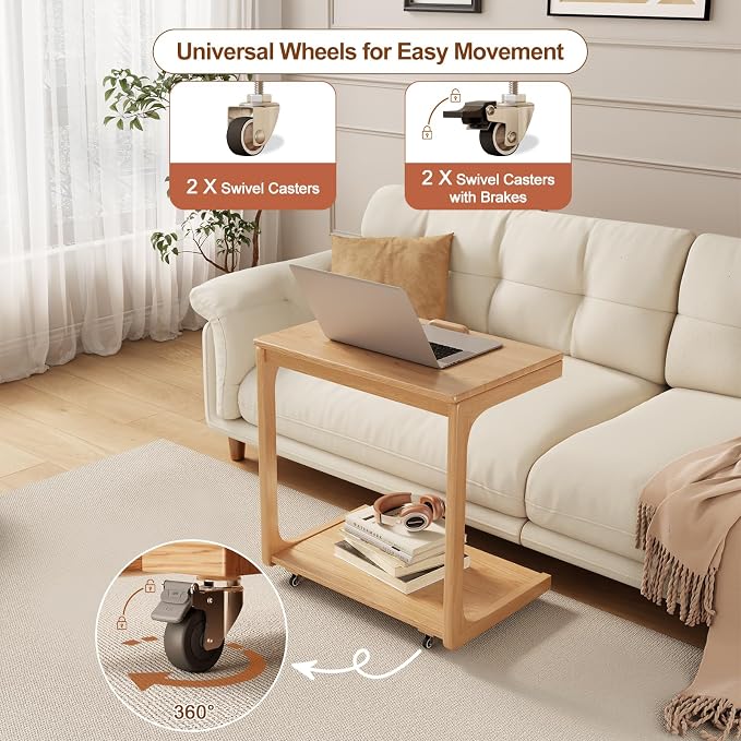 AQIMUELE Wooden C-Shaped End Table,Couch Table with Adjustable Desktop,Small Rolling Side Table with 2 Lockable Wheels 23.6" Width,Small End Table for Couch, Living Room,Bedroom (Natural) - Image 4