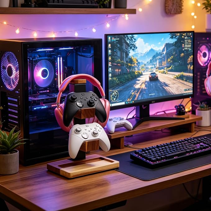 Acacia Wood Gaming Headset Stand & Dual Controller Holder, Solid Wood Desk Organizer Compatible with PS5, Xbox, Switch, Over-Ear Headphones, Gamer Gift for Men - Image 2
