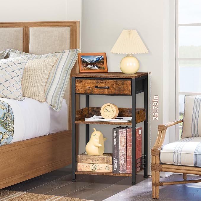 Lerliuo End Table with Fabric Drawer,3 Tier Industrial Wood Side Table with Storage,Modern Tall Printer Stand,Vintage Brown Nightstand,Rustic Bedside Tables for Living Room Bedroom Small Spaces - Image 7