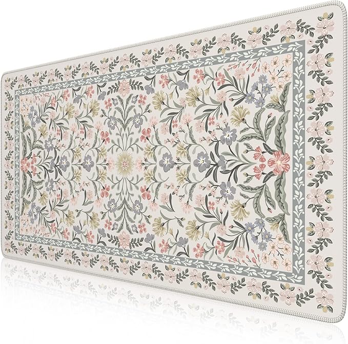 iCasso Desk Mat for Women Desk Accessories, 35.4x15.7in,Cozy Gray Floral | Back to School XXL Large Mouse Pad, Anti-Slip Big Mousepad with Stitched Edges,Smooth Water-Resistant by iCasso