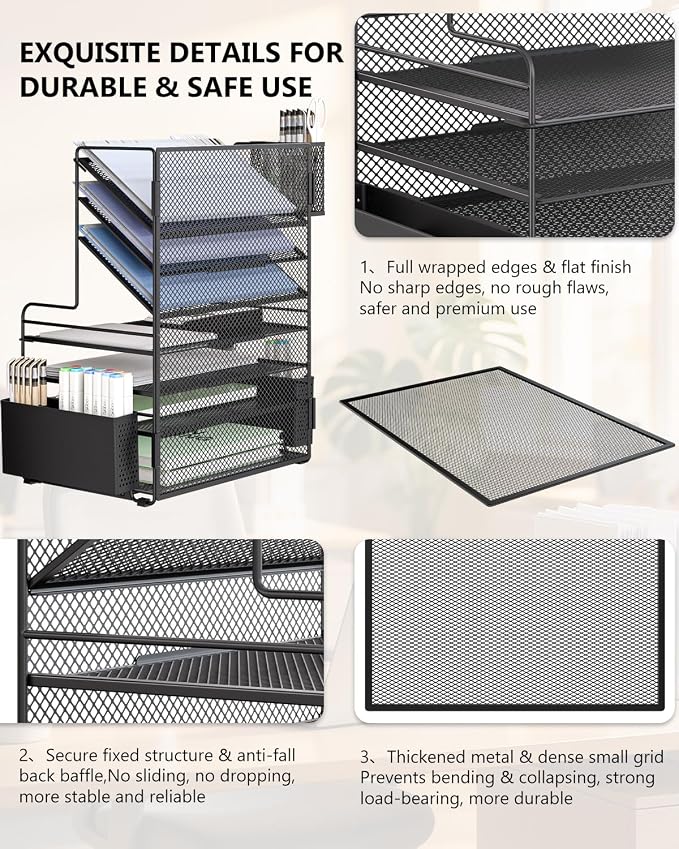 WALI Desk File Organizer, 7 Tier Desktop Paper Letter Tray Organizer with Drawer and 3 Pen Holders, Office Desk Accessories & Workspace Organizers for Office, Home, School Supplies, 1 Pack, Black - Image 5