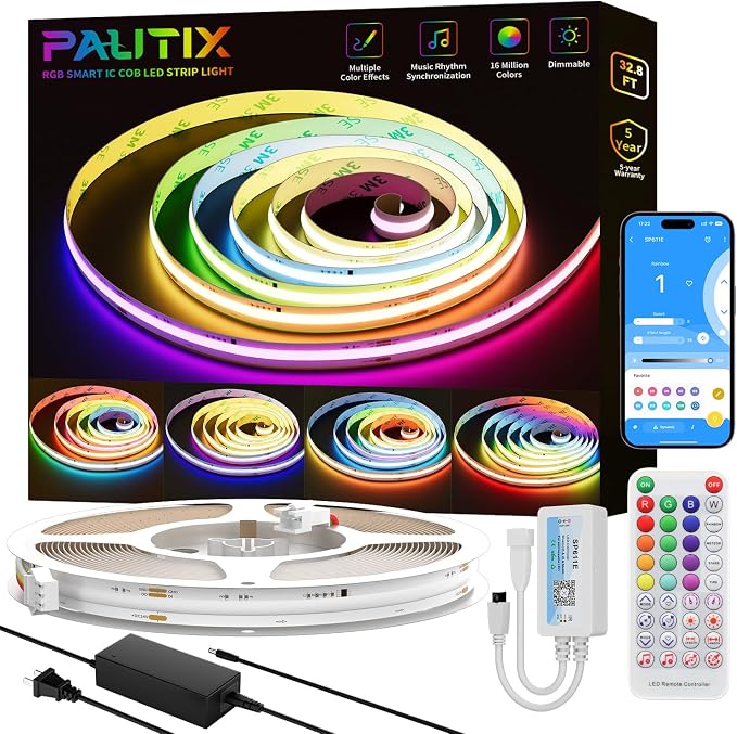 PAUTIX RGB Smart IC COB LED Strip Light Addressable 32.8ft/10m,UL-Listed 24V Color Flowing Strip Light Multicolor Flexible Tape Lights with APP Control/Music Mode,for TV,Bedroom,Party DIY Decoration by PAUTIX