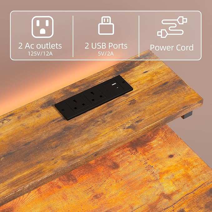MUTUN Computer Desk with Drawers, 40 Inch Computer Desk with Power Outlet & LED Light, Gaming Desk with Adjustable Monitor Stand & Pegboard, Modern PC Study Writing Table for Bedroom, Rustic Brown - Image 7