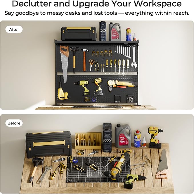 EUREKA ERGONOMIC Desk Pegboard Dual Monitor Stand 43x34 Black | Steel pegboard with dual monitor stands, privacy panel and 4 modular accessories for organized gaming and office setups - Image 7