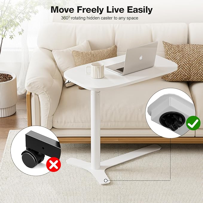 Muvai Overbed Bedside Table with Hidden Casters,30 Inches Adjustable Height Pneumatic Mobile Laptop Standing Desk, Rolling Computer Table for Home & Hospital Use ，White 30" W x 17.7" D - Image 4